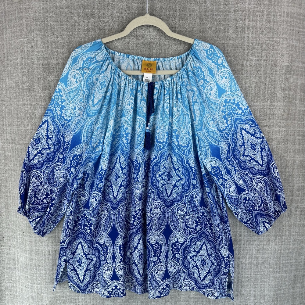 Ruby Rd. Blouse Womens PL Blue Tunic Paisley Balloon 3/4 Sleeve Tasseled Rayon